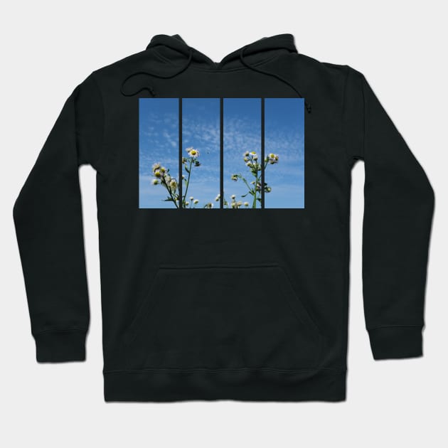 Cirrocumulus clouds in blue sky; sunny peaceful spring day. Bee is coming to white and yellow flowers to pollinate. Water in a gaseous state in nature. The atmosphere of the earth. Symbol of freedom Hoodie by fabbroni-art